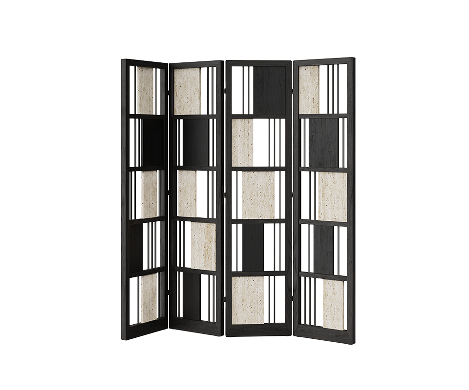 Front view of the fully open Wordsworth folding screen in black stained ashwood, travertine, and brushed gun metal.