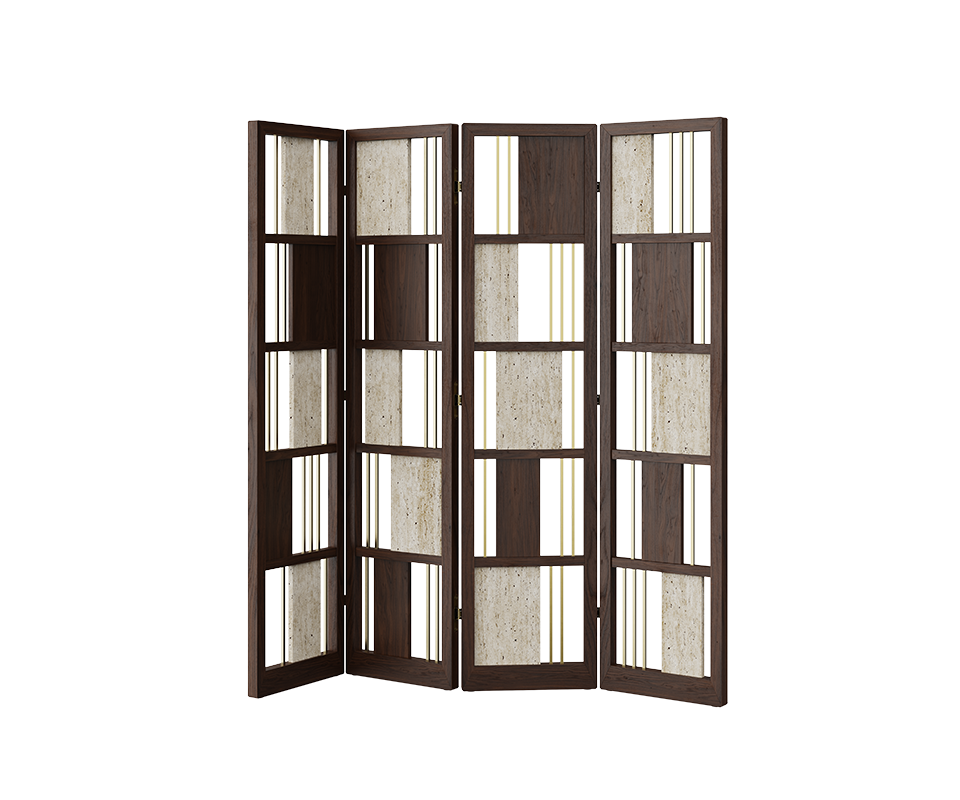 Front view of the fully open Wordsworth folding screen in smoked walnut wood, travertine, and brass.