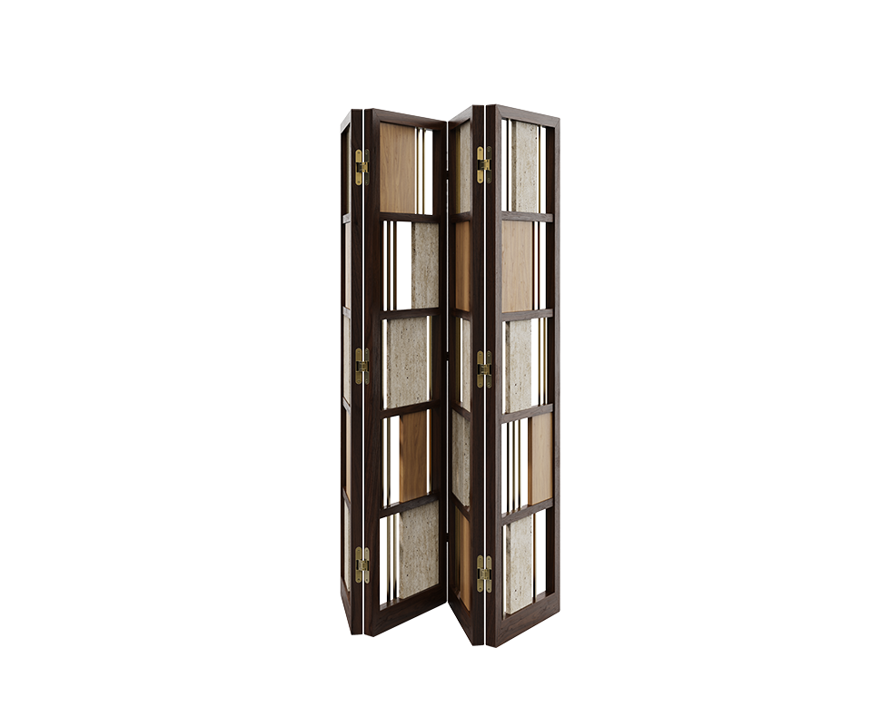 Wordsworth folding screen in smoked walnut wood, natural oak, travertine, and brass, shown in the closed position.