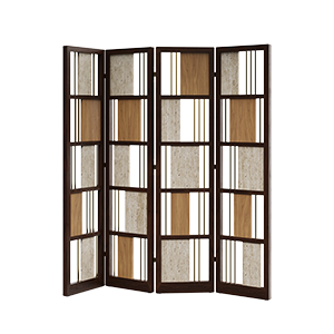 Front view of the fully open Wordsworth folding screen in smoked walnut wood, natural oak, travertine, and brass.